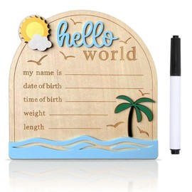 Baby Announcement Sign, ​5.9 Inch Wooden Hello World Newborn Signs, Birth Announcement Sign, Tropical Ocean Waves Decoration, Welcome Newborn Arrival to World, Hospital Nursery for Baby (Blue)