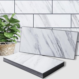 AULIGET 6" x 12" White Marble Peel and Stick Backsplash Wall Tiles, PVC Faux Stone Stick on Tiles for Backsplash Kitchen, Bathroom, Laundry Room, Camper, Fireplace (Pack of 20)