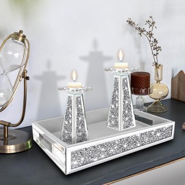 Wocred Mirror Perfume Tray fits Dresser Bedroom,Crushed Diamond Bathroom Tray with Handles，Vanity Tray,Decorative Serving Tray for Coffee Table Decor(14”x 10”x 3”)