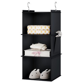 YOUDENOVA Hanging Shelf, Wardrobe Organiser, Hanging Storage with Bamboo Sticks and MDF Panels, Reinforced for Clothes, Space Saving and Foldable, Bamboo Inserts, 3 Compartments, Black