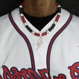 Power Energy Sports Iced Crystal Disco Ball Beaded Baseball Necklace Red Black Lightning Pendant - 24" inches