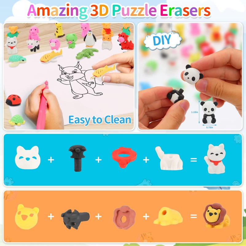 70Pcs Animal Erasers for Kids Desk Pets, 3D Take Apart