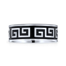 Bling Jewelry Mens Wide Greek Motif Key Style Design Band Oxidized Stainless Steel Ring
