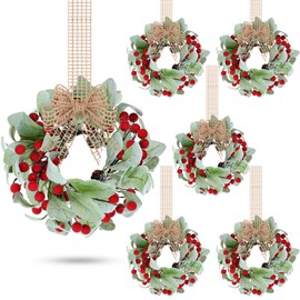 Zeyune 6 Set Christmas Wreaths Garland Kitchen Cabinet Wreath 9 Inch Mini Faux Windows Wreath with Burlap Ribbon Artificial Green Farmhouse Wreath for Front Door Porch Wall Decor(Lambs Ear)