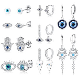 Drperfect 9 Pairs Evil Eye Earrings for Women 14k Silver Gold Plated Evil Eye Huggie Hoop Dangle Earrings and Stud Earrings Set Dainty White Blue Cubic Zircon Eye Earrings
