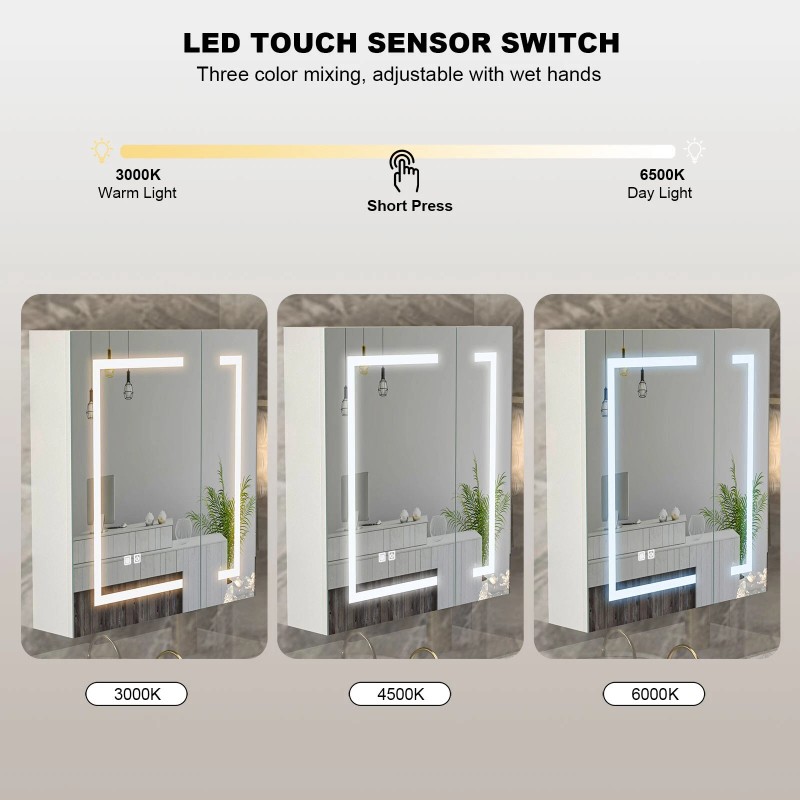 Mepplzian Large LED Bathroom Mirror Cabinet Touch Switch 3 Colors