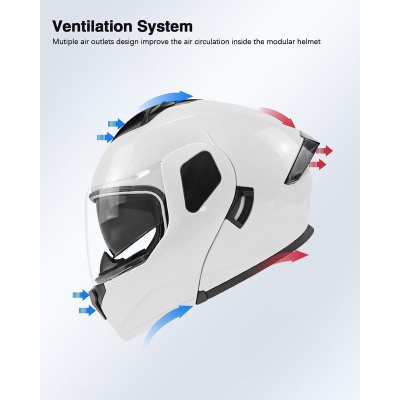 TTMiku Pearl White Motorcycle Dual Visor Flip Up Modualr Full