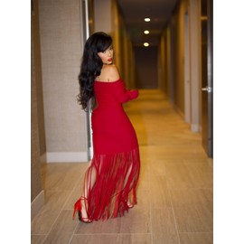 Women's Sexy Off Shoulder Tassel Bodycon Dress Elegant Long Sleeve Cocktail Party Maxi Dresses Red L
