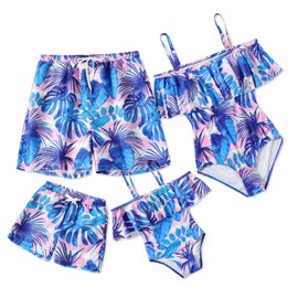 IFFEI Family Matching Swimsuits One Piece Off Shoulder Bathing Suits Floral Printed Ruffles Mommy and Me Swimwear Women: L