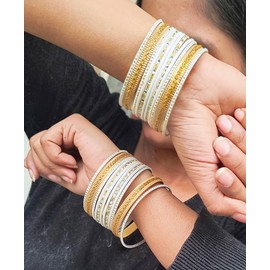 New! Touchstone Colorful 2 Dozen Bangle Collection Indian Bollywood Textured White Golden Colors Designer Jewelry Special Large Size Bangle Bracelets Set of 24 in Gold Tone for Women.