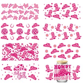 Whaline 8 Stück Western Cowgirl Cup Wrap Transfer Aufkleber Rosa Stiefel Hüte Wasserdicht Transferbecher Aufkleber Aufkleber für Glastassen DIY Handwerk