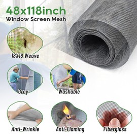 Window Screen Door Mesh, King&Charles Window Screen Replacement/Repair Kit, 48”x118” Fiberglass Gray Mesh, Durable&Visibility & Cuttable & Washble, Easy to Replace/Install/DIY.