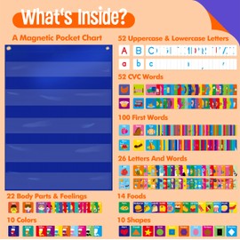 Magnetic Word Pocket Chart, 156 Double Sided Flashcards - CVC Words, First Words & 26 Letters, CVC Literacy Games, Phonics Reading and Spelling Learning Tool for Kindergarten Classroom