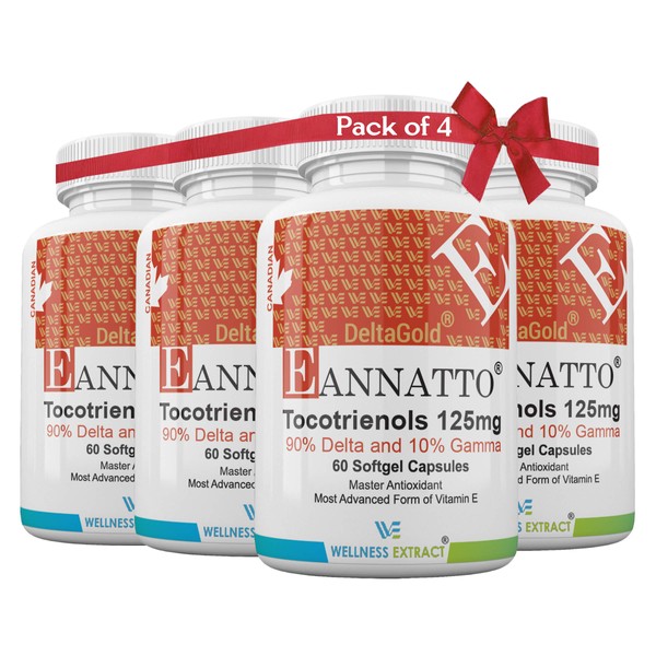 E Annatto Tocotrienols Deltagold 125mg, Vitamin E Tocotrienols Supplements 60 Softgel Capsules, Tocopherol Free, Supports Immune Health & Antioxidant Health(90% Delta & 10% Gamma)(Pack of 4)