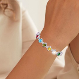 Esbbela Clover Tennis Bracelet for Women Princess Cut Cubic Zirconias,18K White Gold Plated Square Colorful Cubic Zirconias Four Leaves Lucky Bracelet Jewelry Gifts, Length 7.5 inches, Colorful