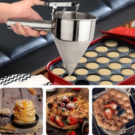 Stainless Steel Pancake Batter Dispenser, Funnel Dispenser with Stand, Kitchen Must Have Tool for Perfect Pancakes, Cupcake, Waffle, Muffin Mix, Cake & Crepe, Easy Pour Baking Supplies for Griddle