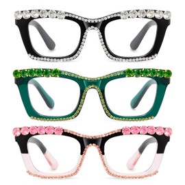 Hubeye 3 Pack Anti-Blue Light Glasses for Women Fashionable Cat Eyes Women's Glasses with Diamonds Quality Spring Hinge