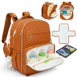 JustBaby Luv Luxe Leather Diaper Bag Backpack - Ultimate Baby Bag with 21 Pockets, Charging Port, Changing Pad, Pacifier Case, Stroller Straps - Stylish, Waterproof, Unisex (31L Brown), DBP01