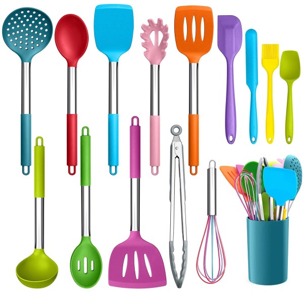 15-Piece Kitchen Cooking Utensil Set with Holder Silicone SS Handle