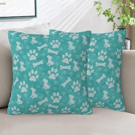 Naqiuli Throw Pillow Covers Teal and Gray Dog Paw Prints Pillow Covers 18x18 Inch Set of 2 Bone and Hearts Throw Pillows Decorative Pillow Cases Cushion Covers for Bedroom Livingroom Sofa Farm House