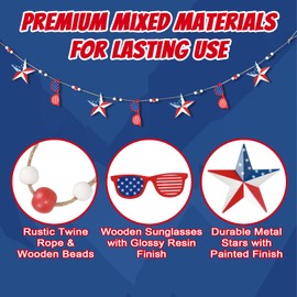 4th of July Decorations, Patriotic Memorial Day Americana Garland Decor, 6.3 Ft Metal Star and Sunglasses Hanging Banner, Red White and Blue Decorations for Home Fireplace Mantel Wall Party Decor