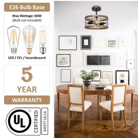 2-Light Farmhouse Semi Flush Mount Ceiling Light Fixture, Rustic Drum Wood Ceiling Lamp for Hallway Kitchen Entryway Foyer Bedroom Laundry Room, Nature Wood Texture and Black Metal Fence Finish