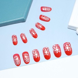 Cimenexe Pattern Press On Nails Red False Nails Almond Stick On Nails Oval Artificial Fingernails Shiny Fingernails Full Cover Acrylic Nails Medium False Nails for Women and Girls Pack of 24