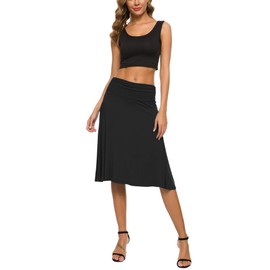 EXCHIC Women's Solid Stretch Ruched Waistband Flared Midi Yoga Skirt (S, Black)