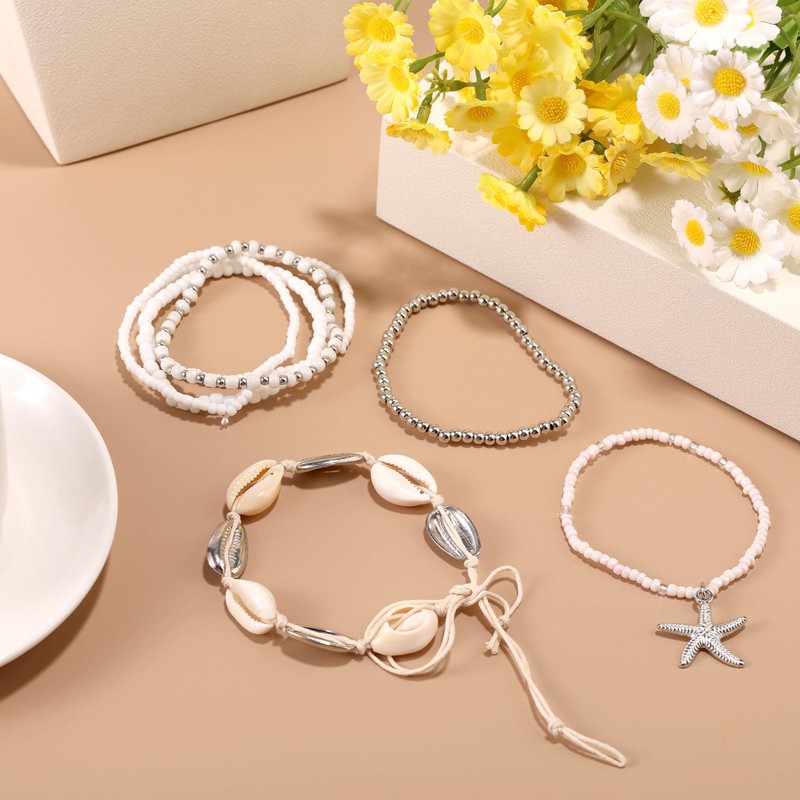 Mikovivi 7 Pcs Summer Beach Shell Bracelet Set, Stackable Starfish