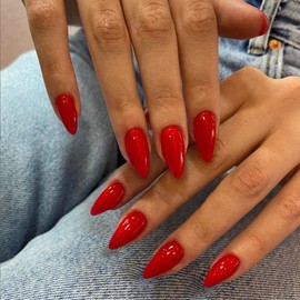 Red Press on Nails Almond Shaped 48Pcs Thick Fake Nails for Women, Medium Almond Nails Press on Reusable Acrylic Nails Glue on Medium Length Stiletto False Nails Gel Artificial Nails