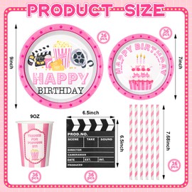 Yungyan 180 Pcs Supplies Pink Theme Party Decorations Bulk Disposable Paper Plates Napkins Cups and Straws Set for Snack Popcorn Dinnerware(Happy Birthday)