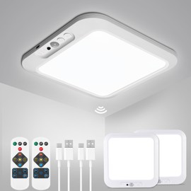 wowatt 2Pcs Rechargeable Battery Operated Ceiling Light, Motion Sensor Light Indoor Wireless Shower Lamp with Remote 3000K 4500K 6500K Dimmable Timing for Closet, Shower, Hallway, Patio