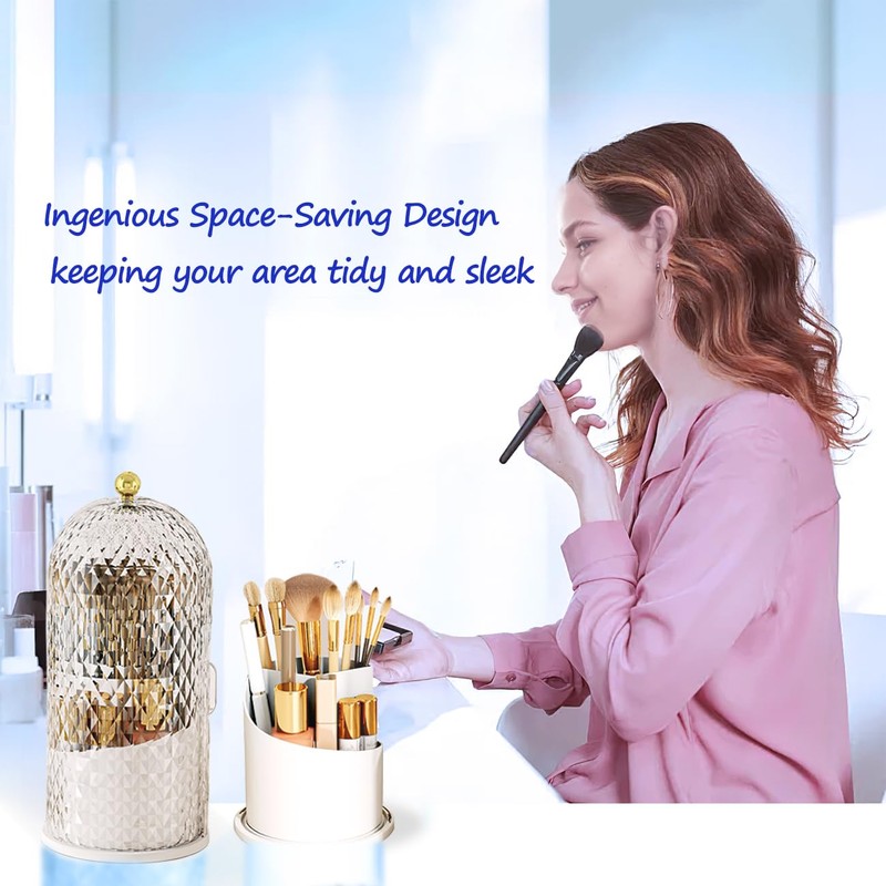 JIANGLAI Makeup Brush Holder with Lid, 360 Rotating Multifunction Clear