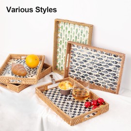 Tynulox Rectangle Rattan Tray with Mother of Pearl Inlay, Rattan Serving Tray with Handle for Coffee, Bread, Fruits, Snacks, Decorative Wicker Tray for Table Decor (Rectangle Checkerboard, 13"×9")