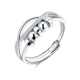 Josfeva Silver 925 Anxiety Rings, 925 Sterling Silver Anti-Stress Rings, Open Adjustable Anxiety Ring with Beads, Spinner Fidget Ring with Cubic Zirconia, Unisex Decompression Rings for Anxiety People