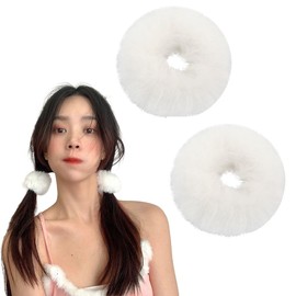 ISHR Scrunchie Hair Ornament, 2 PCS Hair Elastic Hair Band, Hair Accessories, Adult Fur Ball Scrunchie Set, Fur Ball Hair Elastic (White, 2 Pieces)