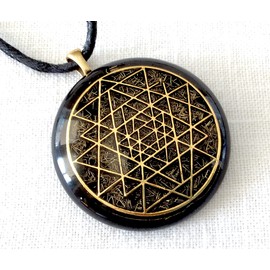 Orgone pendant Necklace Golden Sri Yantra Black Tourmaline and Shungite. Made in USA