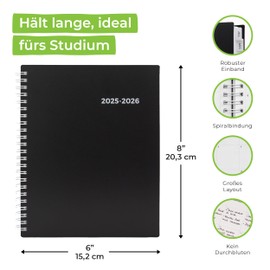 WallDeca School Planner 2025 2026, Student Calendar, Weekly Planner, Homework Book, Calendar 2025 2026 July 2025 - June 2026 Diary Notes, Double Wire, 20 x 15 cm Planner, in German