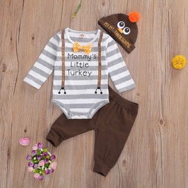 My First Thanksgiving Baby Boy Girl Long Sleeve Turkey Romper Bodysuit + Brown Pants + Hat 3Pcs Fall Outfit Set (A- Brown Spried,3-6 Months)