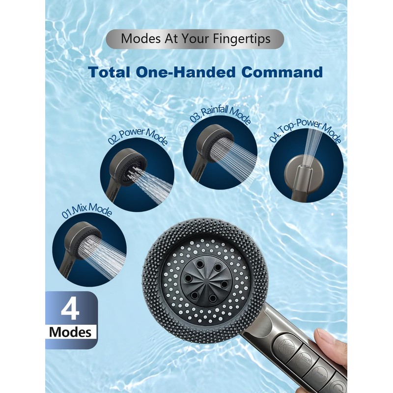 KAYOJU High Pressure Shower Head, One-Hand Control 4-Mode Handheld Showerhead