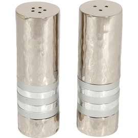 Yair Emanuel Salt and Pepper Shaker Set Hammered Nickel - Silver Rings (SAB-4)