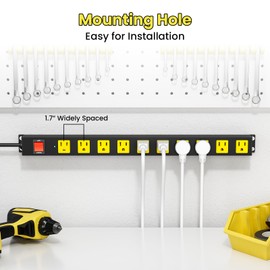 10 Outlet Metal Power Strip with 2100J Surge Protector, Heavy Duty 15FT Extension Cord, Wide Spaced Outlets and Wall Mount for Garage, Workshop, Industrial, Home (15ft)