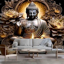 FENDROM Sitting Golden Buddha Tapestry Wall Hanging Buddhist Statue Tapestries Vintage Fire Lotus Meditation Wall Decor Zen Art Psychedelic Tapestry for Bedroom Living Room Home Decor