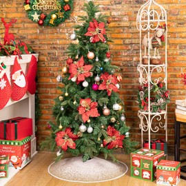 N&T NIETING Christmas Tree Skirt, 75 cm Hessian Tree Skirt with White Glitter Snowflakes Dot Khaki Christmas Tree Blanket Mat for Holiday Party Christmas Tree Decoration