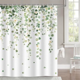 Dazzlewall Shower Curtain Green Leaves Eucalyptus 180 x 180 cm, Beige Flowers Waterproof Shower Curtains, Bathroom Curtain, Anti-Mould, Washable Polyester Textile for Bathtubs with 12 Hooks