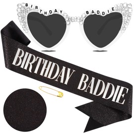 Hapdoo Birthday Baddie Sash and Sunglasses for Women, Black “BIRTHDAY BADDIE” Sash with Gold Foil for Girl, Happy Funny Birthday Decorations Baddie Accessories for Women Men Party Favors Supplies