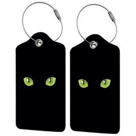 Black Cat Eyes 2 Pack Luggage Tag for Suitcase, Cute Unique Leather Bag Tags Identifiers Privacy Cover ID Label with Steel Loop for Women Men Kids Girls Travel