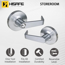 HISAFE Heavy Duty Commercial Storeroom Door Lever, Grade 2 ADA Door Handle, Satin Chrome Finished, UL 3 Hour Fire Rated Ergonomic Lever for Store Room Door, 70mm Latch