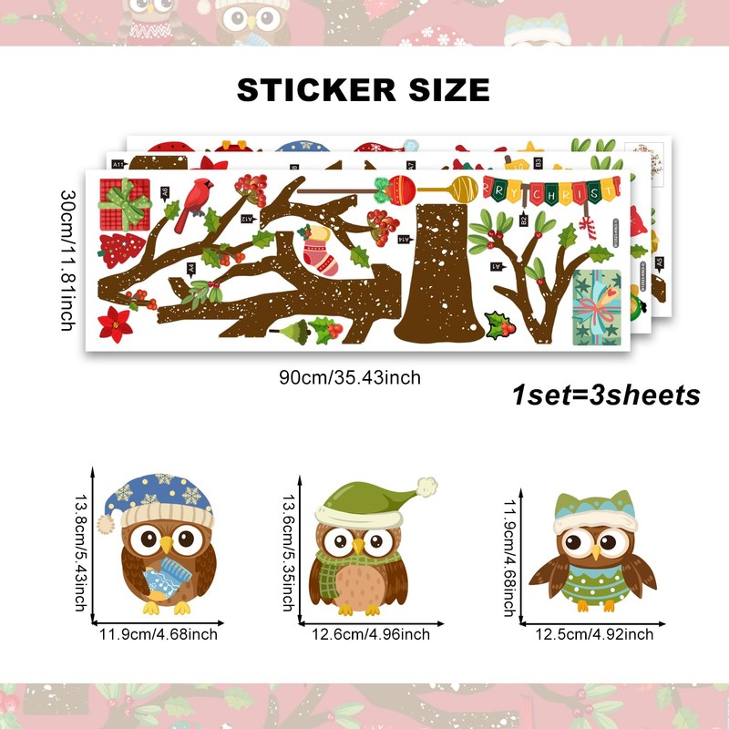 Christmas Owl Tree Window Clings Double Sided Static Vinyl Cling