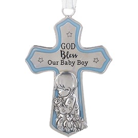 Ganz U.S.A., LLC Ornate Crib Cross Decor with White Ribbon Baby Boy for Baptism, Christening, Baby Shower God Bless Our Baby Boy